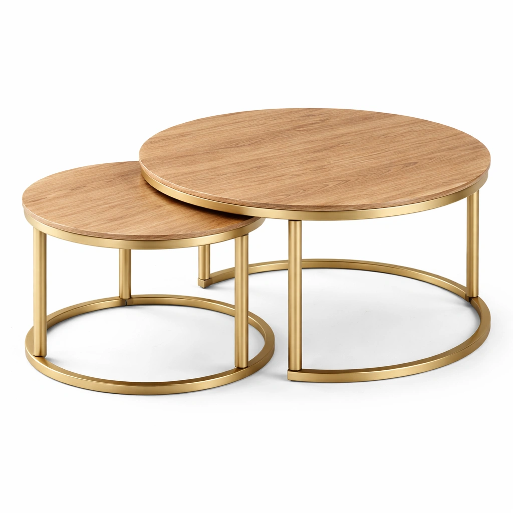 Juego de mesas redondas doradas y madera clara-livaroe